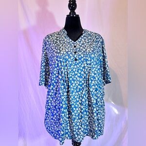 Blue Floral Button-Up Blouse